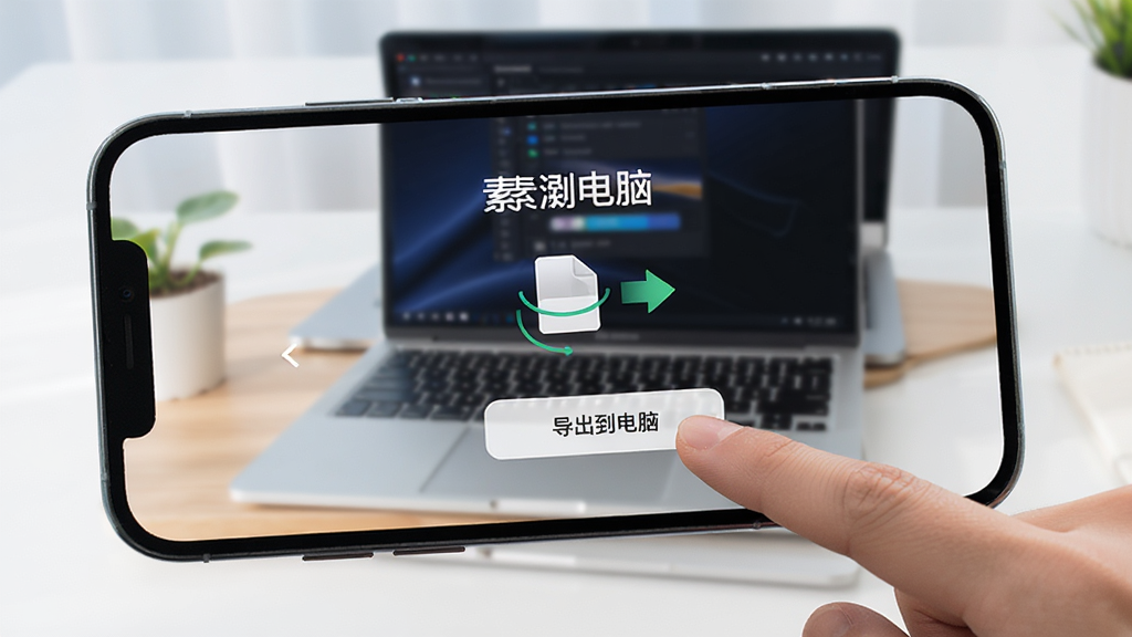手机横屏显示素漕app操作界面,用户手指正点击“导出到电脑”按钮,屏幕上有文件传输动画,桌面背景是一台笔记本电脑,界面风格明亮,操作指引清晰,画质干净,无多余元素