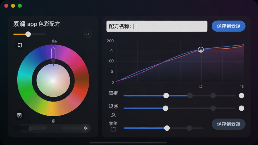 素漕app色彩配方编辑界面,屏幕显示色轮、曲线图和多个滑块参数,旁边有“配方名称”输入框和“保存到云端”按钮,背景为深色渐变,界面元素布局清晰,风格极简,突出数据可视化和专业感