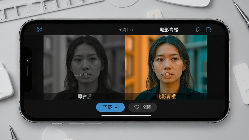 素漕app的LUT调色包预览界面,手机屏幕显示一组调色前后对比图,左侧原图灰暗,右侧使用“电影青橙”预设后色彩鲜明,下方有“下载”和“收藏”按钮,背景为浅灰色工作台,排版整齐,风格专业干净,画质细腻