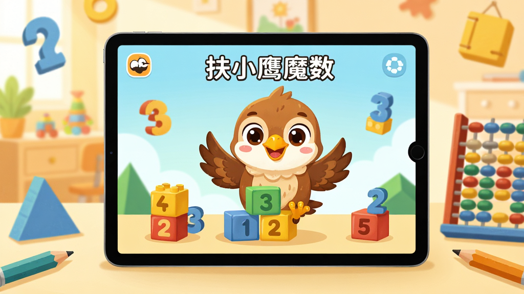 画面以温暖明亮的儿童书房为背景,前景是一台平板电脑,屏幕上显示“扶小鹰魔数”APP主界面,界面包含可爱的卡通小鹰吉祥物与彩色数学积木元素。布局采用中心构图,平板电脑为主体,四周点缀数字、几何图形、铅笔、算盘等学习元素,风格为扁平化儿童插画,色彩鲜明,画质高清,整体充满童趣与求知氛围,无多余杂物,干净整洁。