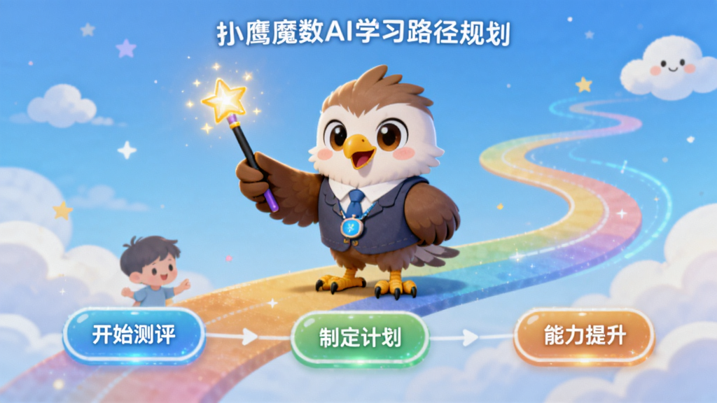 主体为扶小鹰魔数AI学习路径规划界面,画面中央有一只拟人化的小鹰老师手持魔法棒,在一条彩色路径上为孩子指引方向,路径旁有“开始测评”“制定计划”“能力提升”等发光按钮。布局采用横向流程式排版,背景为浅蓝色星空与云朵,风格为科技感与儿童插画结合,画质细腻,色彩明亮,突出智能与个性,无多余元素。