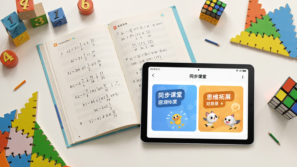 图片以桌面为视角,摆放着一本打开的数学课本与扶小鹰魔数平板电脑,屏幕中显示“同步课堂”与“思维拓展”两个板块,周围散落着数字积木、七巧板、魔方等教具。布局为俯拍平铺风格,风格写实且带有柔和光影,画质清晰,体现学习与趣味结合的理念,无多余元素。