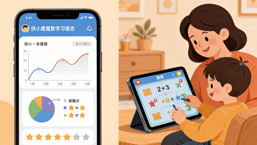 画面左侧是家长手机端显示的扶小鹰魔数学习报告图表,包括折线图、饼图与星级评价,右侧是家长与孩子一起在平板上玩数学游戏的温馨场景。布局左右分屏,风格为现代简洁的扁平插画,色调温暖,画质高清,突出数据可视化与亲子互动主题,无多余元素。