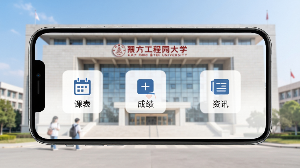 西工程大应用主界面展示,手机屏幕中显示简约的校园服务首页,包含课表、成绩、资讯等图标,背景为西安工程大学图书馆建筑,整体风格清新明亮,界面干净整洁,无多余元素,画质高清。