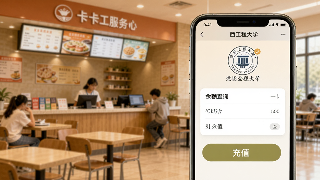 西工程大一卡通服务界面,手机页面显示余额查询和充值按钮,背景为大学食堂或校园卡服务中心,整体色调温暖,界面友好,画质干净。