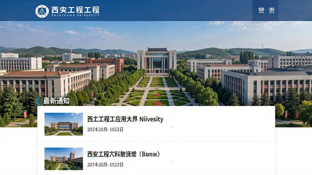 西工程大应用资讯页面展示,列表形式呈现学校最新通知,每条资讯配有标题和日期,背景为西安工程大学校园风景,整体风格简洁商务,界面清晰,画质高清。