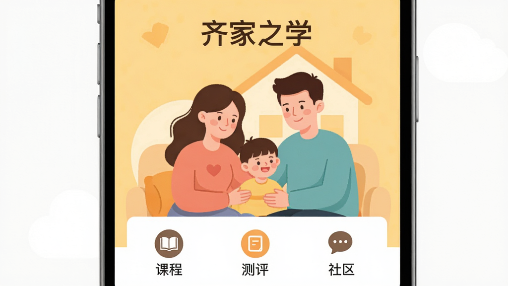 齐家之学APP主界面展示,画面中央是家庭亲子互动的温馨插画,背景为柔和的暖黄色调,界面布局清晰,上方显示“齐家之学”字样,下方排列着课程、测评、社区等导航图标,整体风格简洁现代,扁平化设计,画质干净,无多余元素。