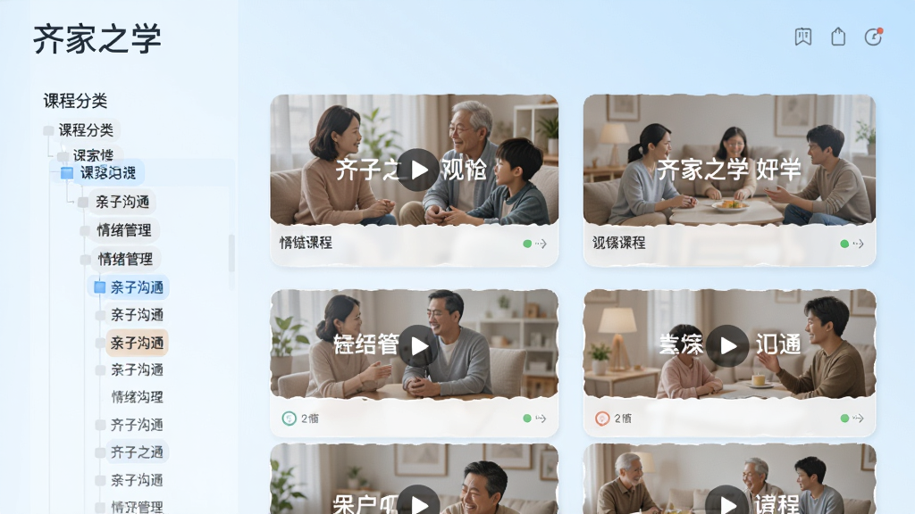 齐家之学课程列表页面,左侧为课程分类树状图,右侧是具体的视频课程卡片,卡片上印有“亲子沟通”、“情绪管理”等字样,背景为淡蓝色渐变,界面简洁明快,突出软件名称“齐家之学”,扁平化风格,画质高清。