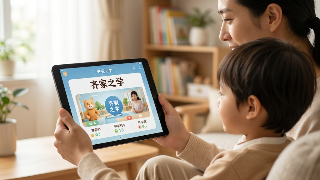 齐家之学使用场景图,一位家长正拿着平板电脑与孩子一起观看课程,屏幕上显示“齐家之学”的课程界面,画面光线明亮,场景温馨,突出软件名称,摄影风格,细节丰富,画质清晰,无多余元素。