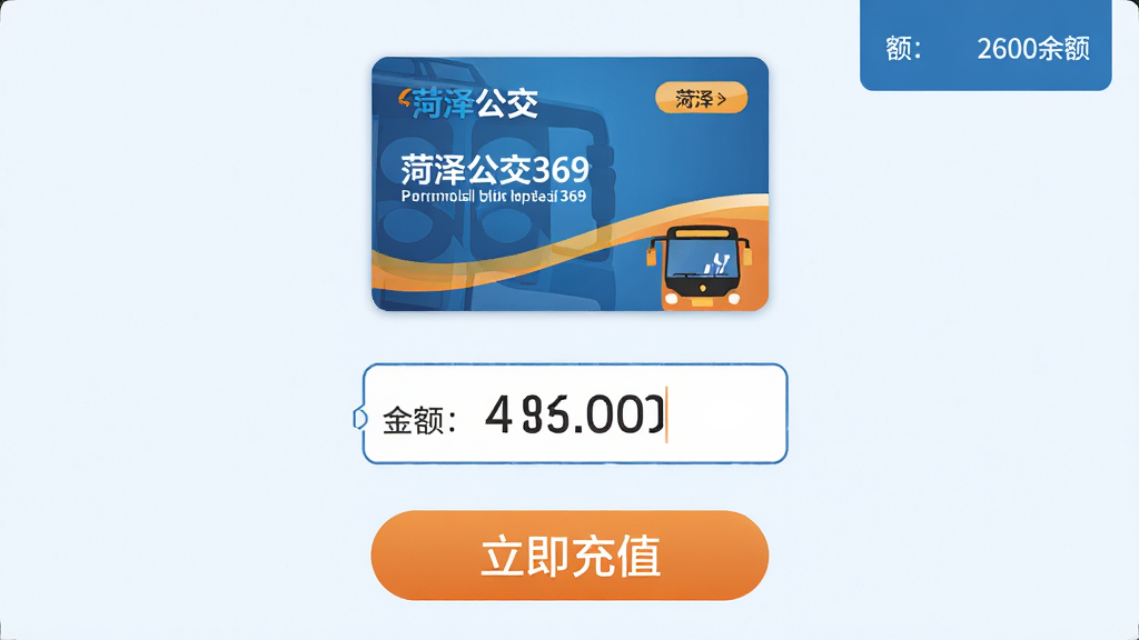 画面展示菏泽公交369的公交卡充值界面,上方为一张菏泽公交卡图形,中间输入框显示充值金额,下方有“立即充值”按钮,右上角显示余额。布局居中对称,排版简洁,风格清新商务,以蓝色和橙色为主色调,细节包含“菏泽公交369”字样和公交卡图案,画质干净,无多余元素。