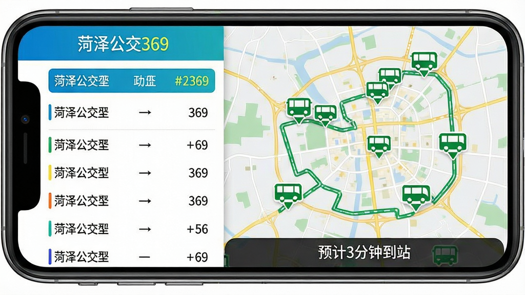 图片以手机横屏界面为主体,左侧显示菏泽公交369线路列表,右侧为放大的城市地图,地图上有数个绿色公交车图标沿线路移动,底部显示“预计3分钟到站”文字。布局采用左右分屏设计,排版清晰,风格简洁直观,色调明快,细节包含“菏泽公交369”字样和公交路线线条,画质干净,无多余装饰。