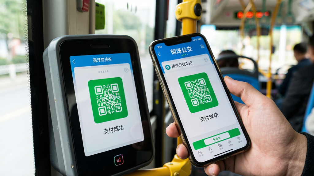 图片主体为乘客手持手机将乘车码对准公交车载扫码机,屏幕上显示大大的绿色乘车码并伴有“支付成功”提示,背景为菏泽公交车内环境。布局采用近景特写,排版自然,风格写实明亮,细节突出“菏泽公交369”应用界面和扫码动作,画质清晰,无多余元素。