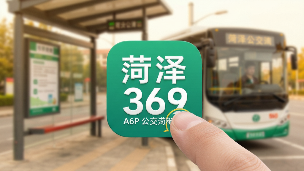 画面展示菏泽公交369APP在手机桌面的图标,手指点击图标准备打开,背景为模糊的菏泽公交站台。布局采用特写镜头,排版简洁,风格明亮温暖,细节突出“菏泽公交369”图标和点击动作,画质清晰,干净无多余元素。