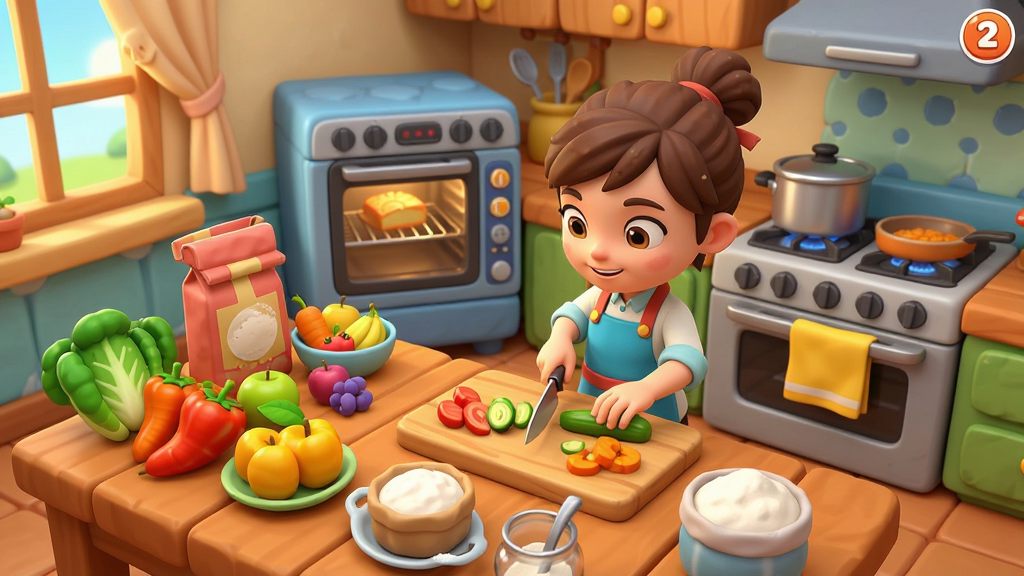 �п�С����2��װ����Ϸ���棬��ɫ�ڳ�����������⿣������ж���ʳ�����߲ˡ�ˮ������ۣ���ɫ�ֳֳ����вˣ��Ա��п����¯��������������ֺ�����3D��ͨ���ɫ�����ޣ�ϸ�ھ��£����廭�ʡ�