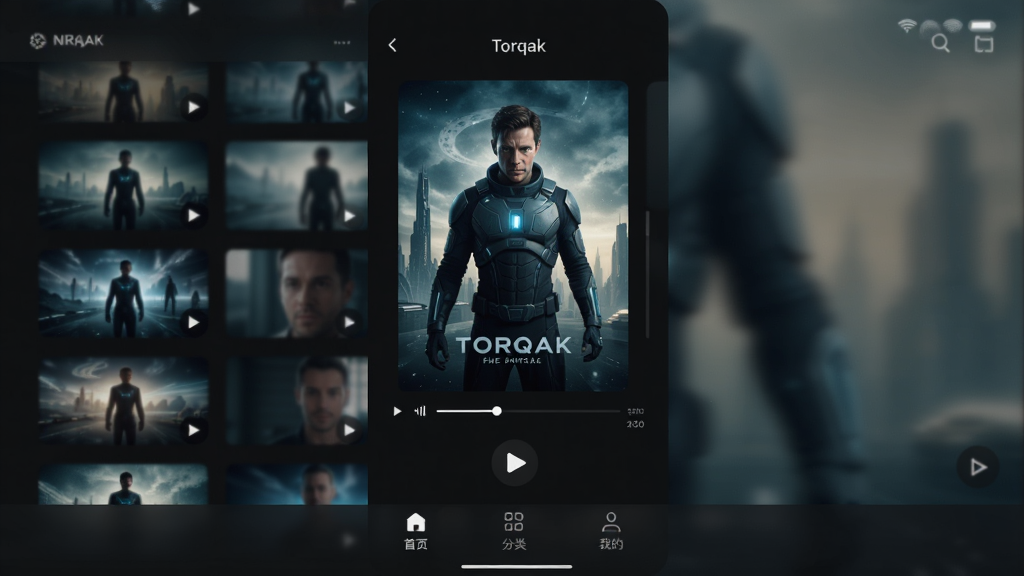 TorqakӦ��������Ԥ��ͼ����ɫ������չʾ�������Ƶ�б��벥�Ű�ť���ײ�������������ҳ�����ࡢ�ҵ�����ģ�飬���岼�ּ���ִ���ͼ��������������Ļ������ʾһ���ƻõ�Ӱ�ķ����벥�Ž������������黯����������ϸ��ɾ����޶���Ԫ��