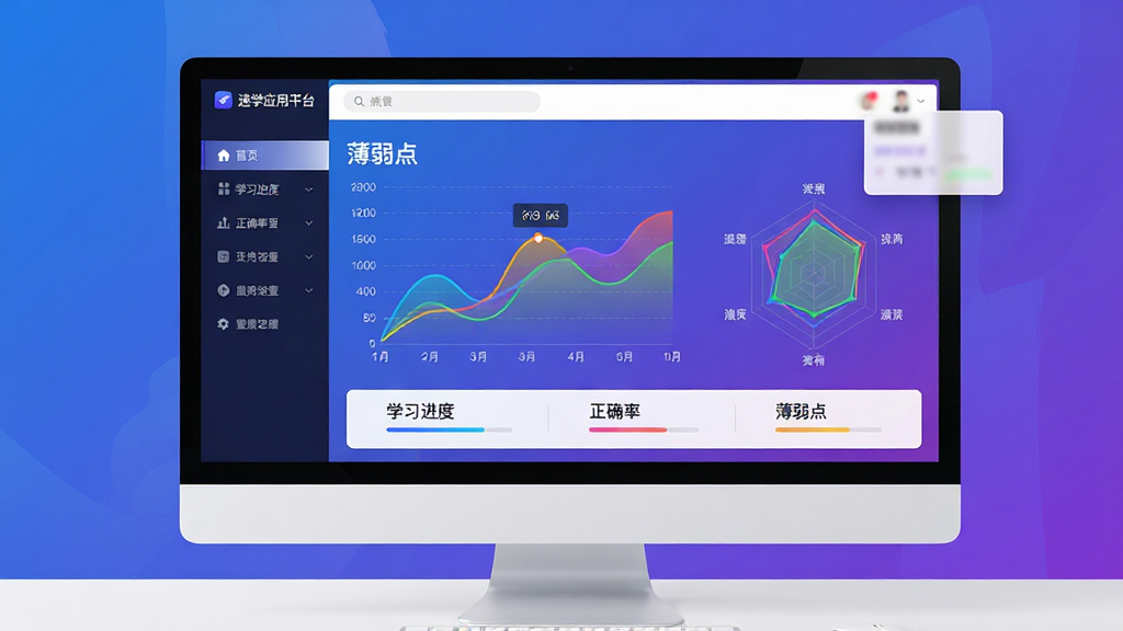 ��������Ϊ����ѧӦ��ƽ̨��������ѧϰ����ҳ�棬����Ϊ��ɫ�������棬��ʾ����չʾ��ɫ����ͼ���״�ͼ��ͼ���·��С�ѧϰ���ȡ�����ȷ�ʡ��������㡱������ǩ�����ֲ������ҷ��������Ϊ�����˵����Ҳ�Ϊ���ݿ��ӻ������������ִ��Ƽ��У�����ɫ���䱳�������԰�ɫ��Ƭ������ͼ�����������׶������ʸ���ɾ����޶���Ԫ�أ�ͻ������������ѧϰ���顣