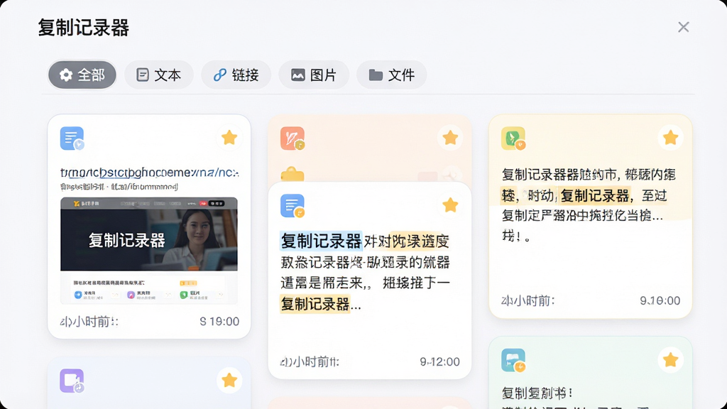 ���壺�����Ƽ�¼�������������ܷ��๦�ܵĽ��棬�������ÿ�Ƭ��ʽչʾ��ͬ����ĸ��Ƽ�¼�����֣������Ƿ����ǩ����������ȫ���������ı����������ӡ�����ͼƬ�������ļ������·����ٲ�����Ƭ���֡��Ű棺��Ƭ�߶Ȳ�һ��ÿ�ſ�Ƭ���Ͻ�������ͼ�꣬���Ͻ����Ǳ갴ť����Ƭ�ײ���ʾ����ʱ�䡣���ǳɫ��������ƬԲ��ɫ����͡�ϸ�ڣ�һ�ſ�Ƭ����ʾ�������ݲ�������վ����ͼ����һ����ʾ�ı����ݲ������ؼ��ʡ����Ƽ�¼���������ʣ����壬�ɾ����ࡣ