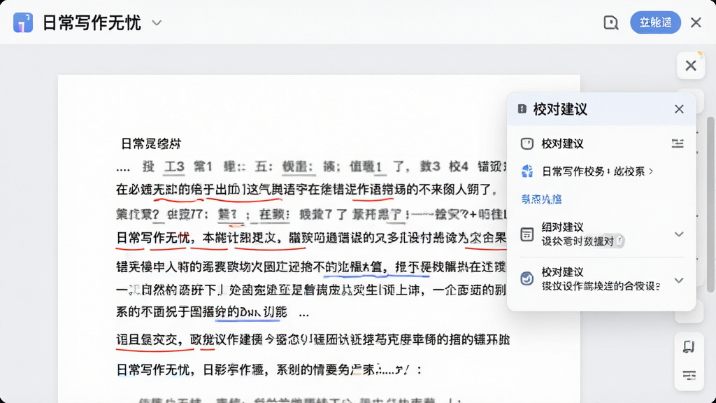 一张“日常写作无忧”语法校对功能的运行界面,文档中错误词语被红色波浪线标出,右侧悬浮校对建议面板,背景为浅灰色,整体风格专业干净,画质清晰,无多余元素