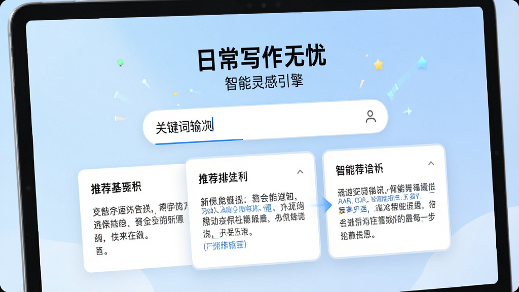 一张“日常写作无忧”智能灵感引擎功能的界面特写,屏幕中央显示关键词输入框,下方弹出多个推荐标题和段落大纲卡片,背景为淡蓝色渐变,整体明亮干净,突出智能推荐效果,画质高清,无多余元素