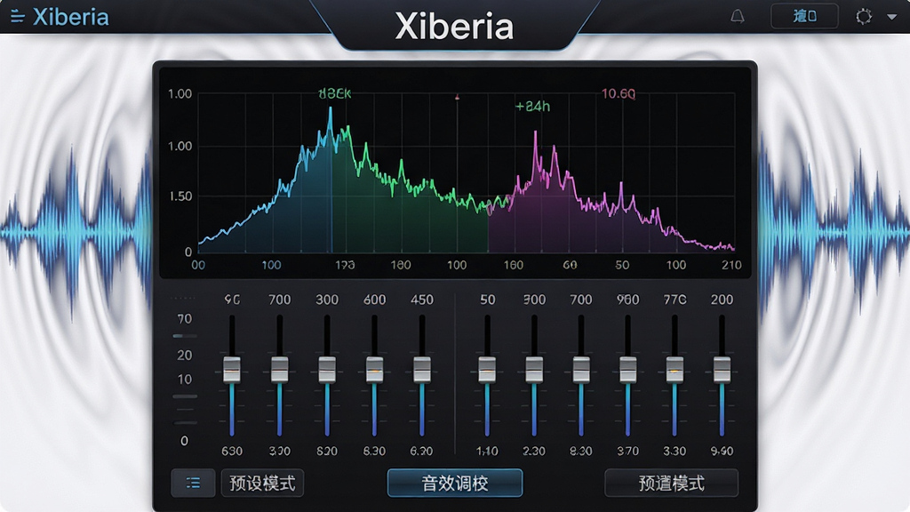 ��������Ϊ��Xiberia��������EQ���ڽ��棬�����ǿ��ӻ���Ƶ������ͼ���·�Ϊ��λ���������򣬱���Ϊ��̬�������ƣ����־��жԳƣ��Ű����������ʱ���ſᣬϸ�ڰ���Ƶ����ֵ��ע��Ԥ��ģʽ��ť�����ֱ�ע��Xiberia���롰��Ч��У��������ϸ�塢�ɾ��޶���Ԫ�ء�