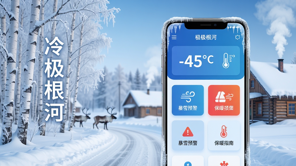 ���壺�伫�������������뼫��ѩ���ںϻ��棬�ֻ���Ļչʾ�¶ȡ�������Ԥ��ͼ�꣬��������ڡ���ǵİ�������ľ���㷿�ݣ��ݶ���ѩ��ʵ���̴�ð�Ű��̡����֣��ֻ�λ������ƫ�ң�������������������֡��伫���ӡ�������������½ṹ���Ϸ�Ϊ������Ϣ���·�Ϊѩ�ص�·���졣�Ű棺��ƽ����ƣ���Ƭʽ��Ϣģ�飬����������ͼ���ࡣ���дʵ��Ƽ��н�ϣ���ɫ��Ϊ�������׽��䣬ͻ���������ػ������⡣ϸ�ڣ���Ļ���С�-45�桱����ѩԤ��������ůָ�ϡ��������ֻ���Ե�б�������������Զ����ģ����ѱ¹��Ӱ�����ʣ�8K���壬ϸ�ڷḻ��ɫ��ͨ͸���ɾ��޶���Ԫ�ء�