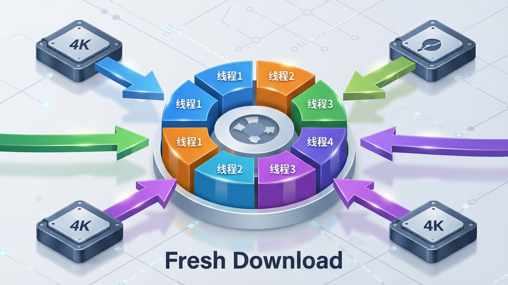 ���壺Fresh Download �Ķ��߳�����ʾ��ͼ������������һ�����ָ�Ϊ�����ɫ���ݿ��Բ���ļ�ͼ�ꡣ���֣��ļ�ͼ�����ڻ������ģ���Χ�ж����ͷͬʱָ��Ӳ��ͼ�꣬������·���д��䡣�Ű棺���ݿ���ɫ���죨�����ȡ��̡��ϣ�����ͷ��������������Ϊǳ��ɫ�Ƽ����񡣷�񣺳���Ƽ��廭��������ǿ�����߷���ϸ�塣ϸ�ڣ�ÿ�����ݿ��ע�С��߳�1�������߳�2�����������ײ���ʾ��Fresh Download��Ʒ�����ơ����ʣ�4K���壬�ɾ����޶���Ԫ�ء�