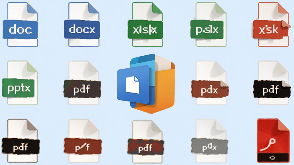 ����Office 2024�ļ���ʽ������ʾ��ͼ����������������ͼ�꣬��Χ������doc��docx��xlsx��pptx��pdf�ȶ����ļ���ʽͼ�꣬���ñ�ƽ����ƣ�����Ϊǳ��ɫ�����岼�����룬���ʸɾ����޶���Ԫ��