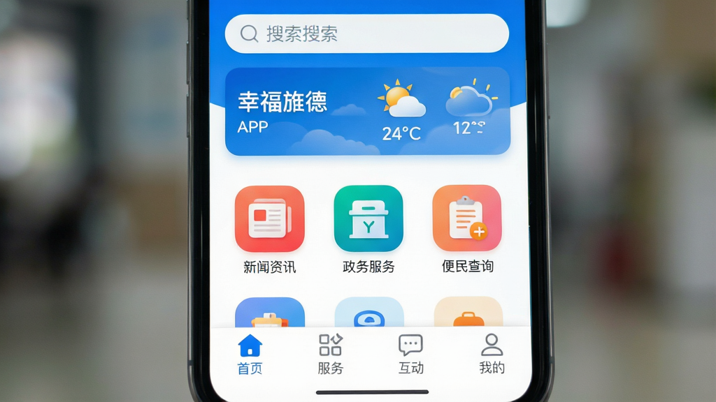 һ���ֻ���Ļ��д����Ļ��������ʾ���Ҹ�캵¡�APP�����棬����Ϊ��������������Ƭ���м�Ϊ��������Ѷ������������񡱡��������ѯ���Ȳ�ɫ����ͼ�꣬�·�Ϊ����ҳ���������񡱡��������������ҵġ��ĸ��ײ������������岼�ּ���ִ���������ɫ���ɫΪ��ɫ����ͼ��Բ���¡������黯������ͻ���ֻ���Ļ���ݣ����ʸ��壬�ɾ��޶���Ԫ�ء�