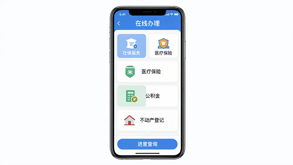 չʾ���Ҹ�캵¡�APP���������ҳ�棬�ֻ���Ļ�����������š��籣���񡱡���ҽ�Ʊ��ա����������𡱡����������Ǽǡ�����ڿ�Ƭ��ÿ����Ƭ���м���ͼ�������˵����ҳ�涥����ʾ�����߰������������ײ��С����Ȳ�ѯ����ť�������������ˬ��ɫ��������Ϊ����ͼ������ִ����Ű����롣�����������޶���Ԫ�ء�