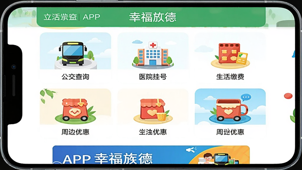 �ֻ���Ļչʾ���Ҹ�캵¡�APP���������ҳ�棬ҳ���ԾŹ�����ʽ�����š�������ѯ������ҽԺ�Һš���������ɷѡ������ܱ��Żݡ���ͼ�꣬ÿ��ͼ�궼���������Ĳ�ɫ�廭��ҳ������ɫ�����죬�����������򣬵ײ��й����λ�������������޶���Ԫ�ء�