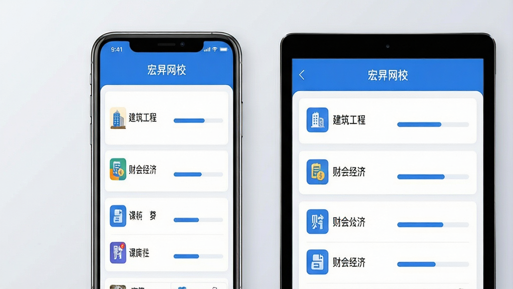 ���壺����УAPP���ֻ���ƽ���豸�ϵĽ���չʾ����Ļ��������ʾ�γ��б��͡�����У��Ʒ�����������֣��ֻ�λ�ڻ�������ƫ��ƽ��λ���Ҳ࣬�γ����η����ĶԽ��߹�ͼ���Ű棺APP��������б�ʽ��Ƭ��ƣ����Ϊ�γ����ƣ��Ҳ�Ϊ������������ִ���ƽ����Ʒ����ɫ��Ϊ��ɫ�Ͱ�ɫ��Ӫ��רҵ��������ѧϰ��Χ��ϸ�ڣ������г��֡��������̡������ƻᾭ�á��ȿγ̷���ͼ�꣬����Ϊ��͵�ǳ��ɫ���䡣���ʣ�4K�����廭�ʣ�ͼ��ɾ����޶���Ԫ�ء�