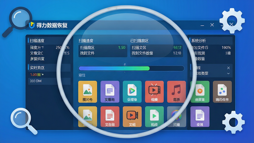 主体:“得力数据恢复”软件深度扫描界面的放大图,界面显示扫描速度、已扫描扇区、找到的文件数量等实时数据,文件类型图标以彩色卡片形式排列;布局:界面截图居中,周围配以放大镜图标和齿轮图标点缀,象征深度检测与系统分析;排版:数据面板分布在界面左右两侧,中间为动态进度条,整体布局清晰;风格:科技蓝渐变背景,扁平化图标,专业工具风格;细节:扫描文件类型包括图片、文档、视频、音频等,每种类型有对应颜色标签;画质:高分辨率清晰展示界面细节,画面干净无多余元素,无多余文字。
