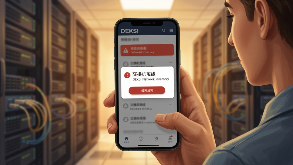 ���壺һ��IT����Աʹ���ֻ��鿴DEKSI Network Inventory���ƶ��˿���̨����Ļ��ʾ�澯֪ͨ�����֣��ֻ�λ�ڻ������ģ�����Ϊģ���Ļ����������Ű棺֪ͨ��Ƭ����Ļ�в���������ʾ�����������ߡ�����񣺰�дʵ�廭��ůɫ���ƹ⡣ϸ�ڣ��ֻ������С�DEKSI��logo��֪ͨ��ťΪ��ɫ�����ʣ����壬�ɾ����޶���Ԫ�ء�