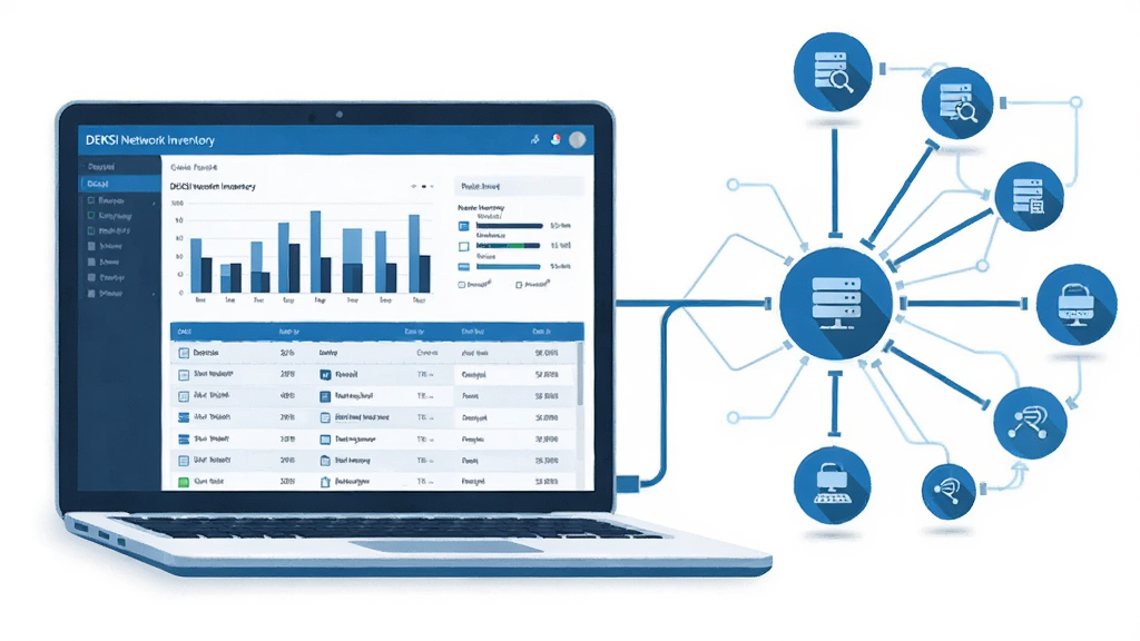 ���壺һ̨�ʼǱ�������������������ͼ����Ļ��ʾDEKSI Network Inventory���Ǳ��̽��档���֣�����λ�ڻ�������ƫ���Ҳ�չ������״������ڵ�ͼ�ꡣ�Ű棺����������״ͼ���豸�б�������ִ��Ƽ��б�ƽ�廭����ɫ���ɫ��ɫ����ϸ�ڣ�����ɾ����ڵ����������������ֱ�ǩ��ʾ