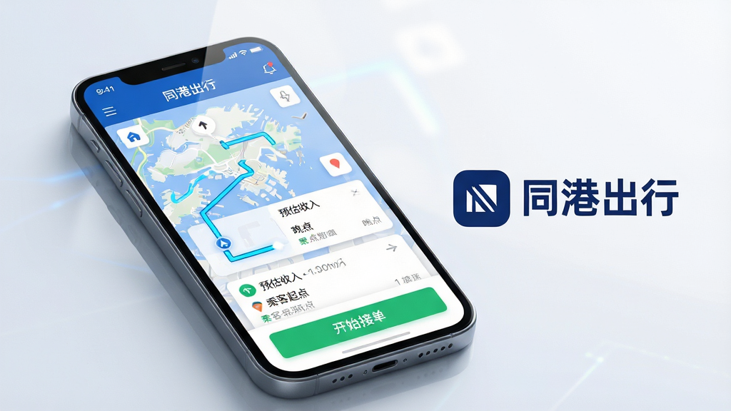 ���壺ͬ�۳���APP���棬չʾ˾���ӵ��������ͼ�������棬����Ϊ�����ֻ���Ļ����Ļ����ʾ��ͬ�۳��С�Ӧ�ý��棬����·�߹滮��������Ϣ��Ƭ����ɫ����ʼ�ӵ�����ť�����֣��ֻ�����ƫ���Ҳ���������ɫƷ��LOGO�롰ͬ�۳��С����ֱ�ʶ���������ͼ���Ű棺����ɾ���ˬ��������ͼ��������£�����ִ��Ƽ����������Լ���ϣ�ɫ��������Ϊ��ɫ����ϸ�ڣ���Ļ������͹��ߣ���ͼ·��������ɫ������ע��������Ƭ��ʾԤ��������˿�����յ㣻���ʣ�8K�����壬ϸ�ڷḻ���ɾ����޶���Ԫ�ء�