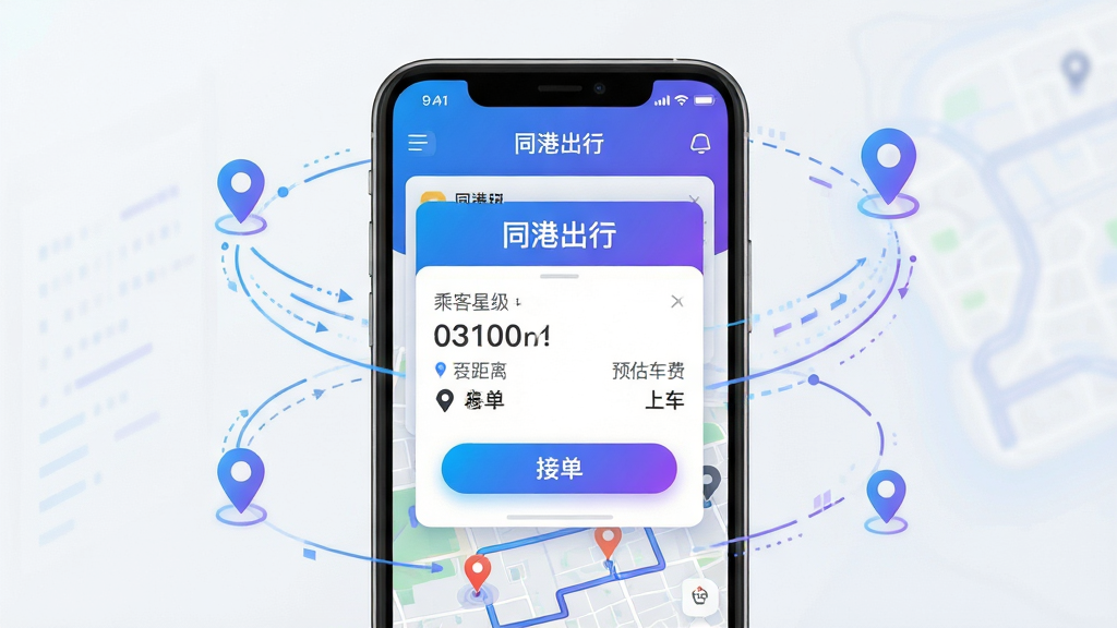 ���壺ͬ�۳���˾����APP�����ɵ����棬�ֻ���Ļ��ʾ����������·�߹滮�������ϱ��С�ͬ�۳��С����ƣ����֣��ֻ���Ļ���У����ܻ��Ƽ����������������붨λͼ�꣬��������ƥ�䣻�Ű棺����Ԫ��������������Ϣ��ӵ���ť��Ŀ������ִ���ƽ����ƣ����Ͻ���ɫ�����Ƽ���ǿ��ϸ�ڣ�������Ƭ��ʾ�˿��Ǽ����г̾�����Ԥ�����ѣ���ͼ�ϱ��˾����ǰλ����˿��ϳ��㣬�ӵ���ť���з���Ч�������ʣ�����ϸ�壬ɫ���������ɾ����޶���Ԫ�ء�