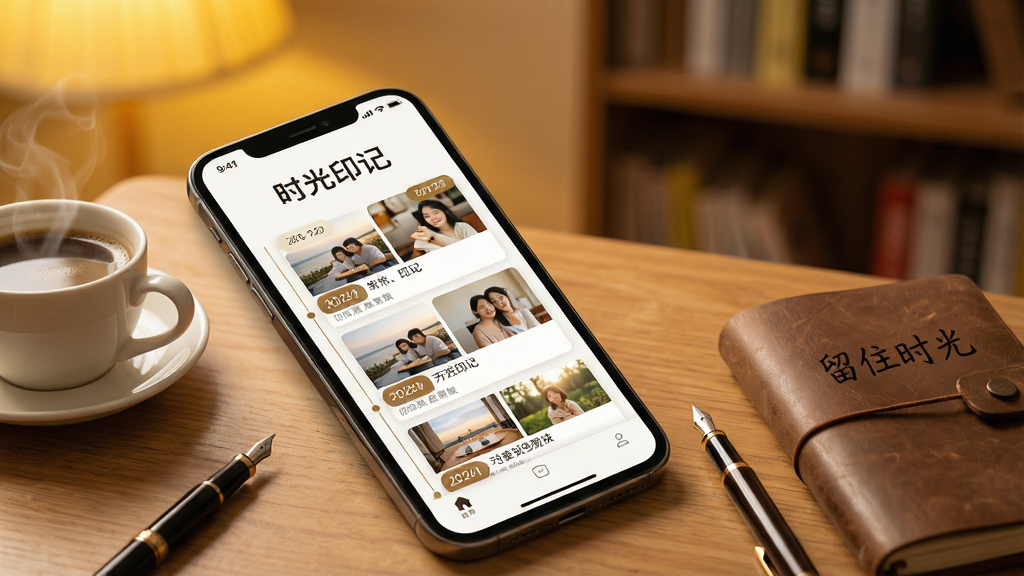 ��������Ϊһ��������Ļ�������ֻ�����Ļ��չʾ��ʱ��ӡ�ǡ�APP�������棬���涥����ʾ��ʱ��ӡ�ǡ��ĸ����֣��·����ٲ���ʽ��ʱ���߿�Ƭ���֣���Ƭ�ϻ��������������Ƭ��������ֺ����ڱ�ǩ���ֻ�б����һ��ԭľɫ�������Ͻǣ�������ɢ����һ��ð�������Ŀ��ȡ�һ֧�ֱʺ�һ������Ƥ�ʱʼǱ����ʼǱ���д�š���סʱ�⡱�ĸ��֡��������黯��ů��ɫ�ƹ�������������������ܰ���ɣ�����ɾ�����������ϸ����ͣ��޶���Ԫ�ء�