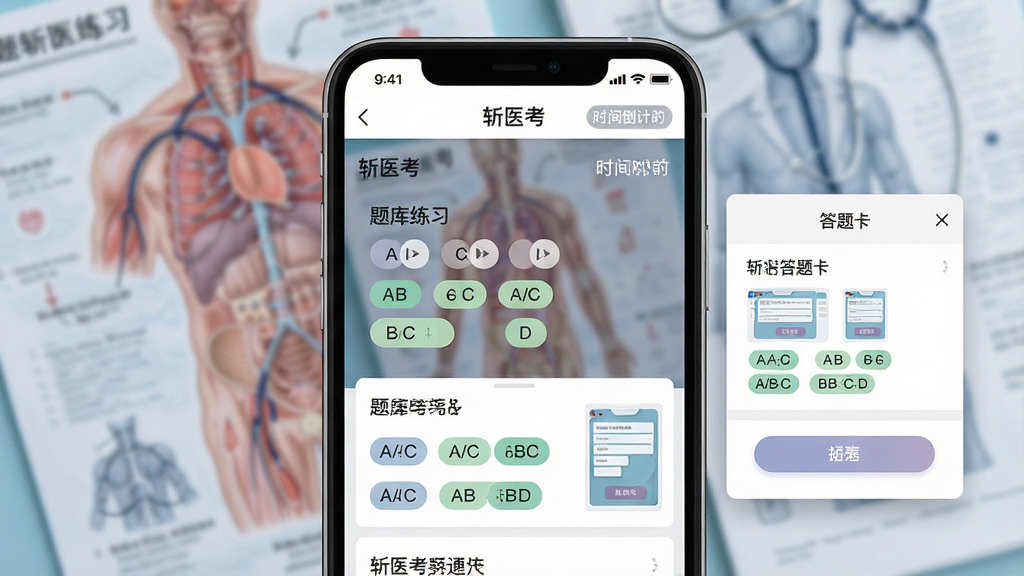 ���壺նҽ��APP�еġ������ϰ��ҳ�棬��Ļ��չʾ���ѡ����ʹ��⿨����ͼ�����֣��ֻ����У���Ļ����Ŀ���������ɼ���ѡ��A/B/C/D��Բ�Ǹ������Ҳ�������ʾ�����⿨��С�����Ű棺��Ļ���Ϸ�Ϊ��նҽ�������������·���Ŀ�������չʾ��������ģ����ҽѧͼ�ס����дʵ���ƽ��ϣ�������Ӧ�ý�ͼ�ľ��·��ϸ�ڣ�ģ�����״̬��ʱ�䵹��ʱ��ʾ�����Ͻǣ���ť��ɫ��͡����ʣ����壬�ɾ����޶���Ԫ�ء�