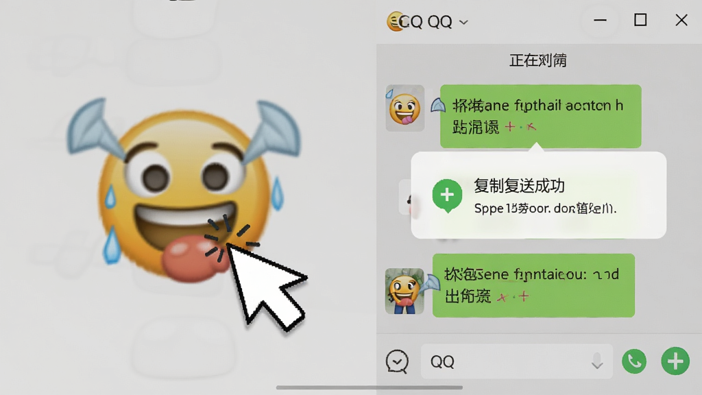 比丢表情包软件操作演示图,鼠标点击一个动态表情后,右侧弹出复制成功提示,并显示QQ聊天窗口正在发送该表情,界面简洁直观,风格清新,画质高清