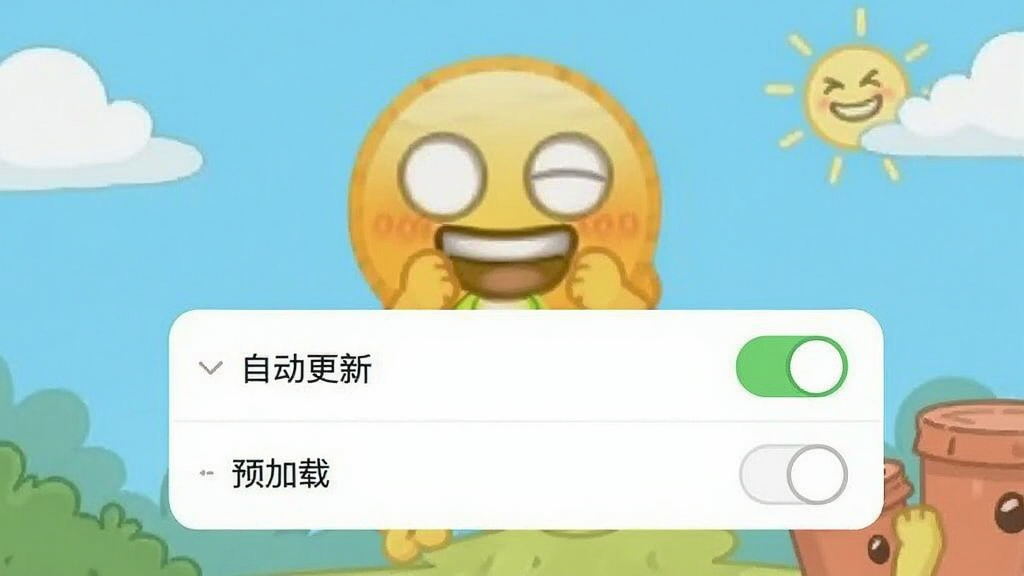比丢表情包软件设置界面截图,展示“自动更新”与“预加载”选项,背景为卡通风格,界面简洁,画质清晰