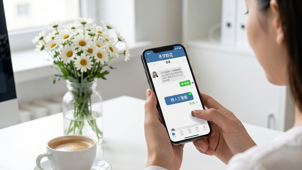 һ��չʾ�û�ʹ���ֻ�������Ѱ���ʻ���APP��ʵ��ͼ������۽����ֻ���Ļ�ϵĿͷ��Ի����棬��Ļ����ʾ��ת�˹��ͷ�����ť����������ɫ�����ߡ�״̬��ʶ������Ϊ��������İ칫��һ�ǣ�����ڷ���һ����ɫ���պ�һ�����ȡ�������дʵ��������ͣ�ͻ���û���������ʱ�ɱ�ݻ�ð����İ��ĸС��߷ֱ��ʣ���ͼ�ɾ����޶���Ԫ�ء�