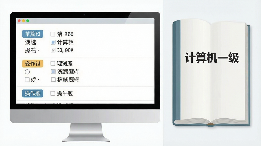一张展示计算机一级考试题库资源的创意图片,主体为屏幕中列表形式展示的题目列表,包含单选、多选、操作题标签,旁边配有一本翻开的教材,教材上写有“计算机一级”字样。布局采用左右分栏,左侧为题目列表,右侧为教材图形,风格简洁商务,细节丰富,画质清晰干净,无多余元素。