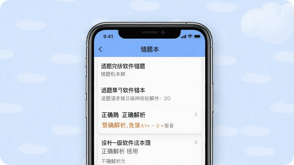 一张展示计算机一级软件错题本功能的示意图,主体为手机屏幕上显示“错题本”页面,列表中列有错题题目及正确解析,背景为柔和的淡蓝色。布局为手机居中,屏幕内容清晰可见,风格简洁清新,细节丰富,画质干净无多余元素。