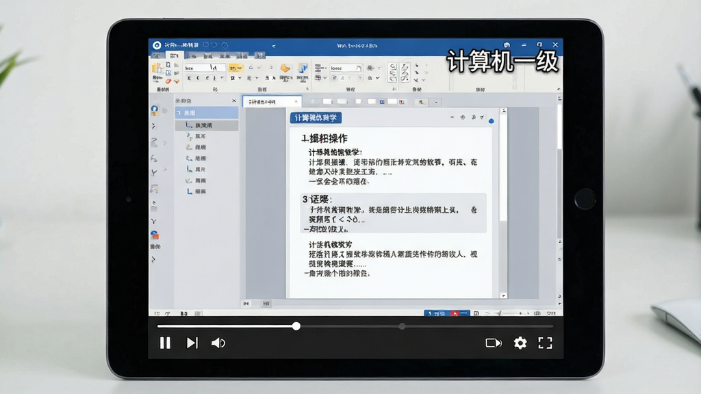 一张展示计算机一级软件内视频课程播放界面的图片,主体为平板电脑屏幕中正在播放Word操作教学视频,视频画面中显示操作步骤,屏幕下方有进度条和控制按钮,屏幕角落标注“计算机一级”字样。布局为平板居中,背景简洁,风格写实清晰,细节丰富,画质高清干净,无多余元素。