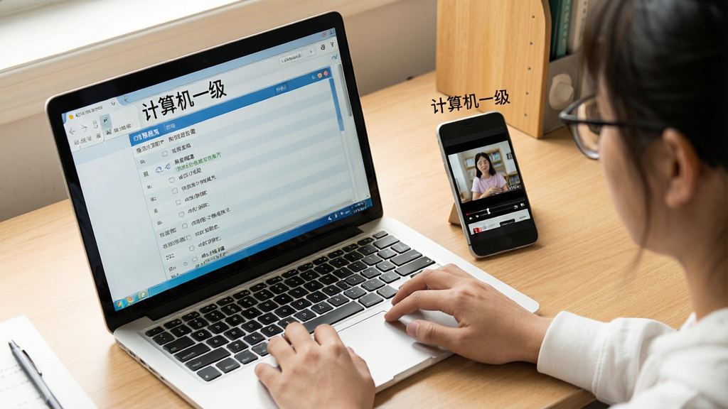 一张展示学生正在使用手机和电脑同时学习“计算机一级”的场景,主体为书桌上一台笔记本电脑和一部手机,电脑屏幕显示题库列表,手机屏幕显示视频播放页面,画面中写有“计算机一级”字样。布局为俯视角度,桌面整洁,风格写实温暖,画质清晰干净,无多余元素。