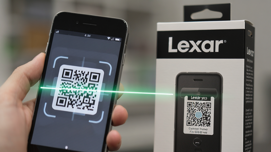 ���壺�ֻ�ɨ��Lexar��Ʒ��װ�ϵķ�α��ά�롣���֣��ֻ����󣬰�װ�����ң�ɨ���߸������Ű棺ֱ�ۡ����дʵ�硣ϸ�ڣ���װ�����С�Lexar��Logo�ͷ�α��ǩ�����ʣ������������黯��