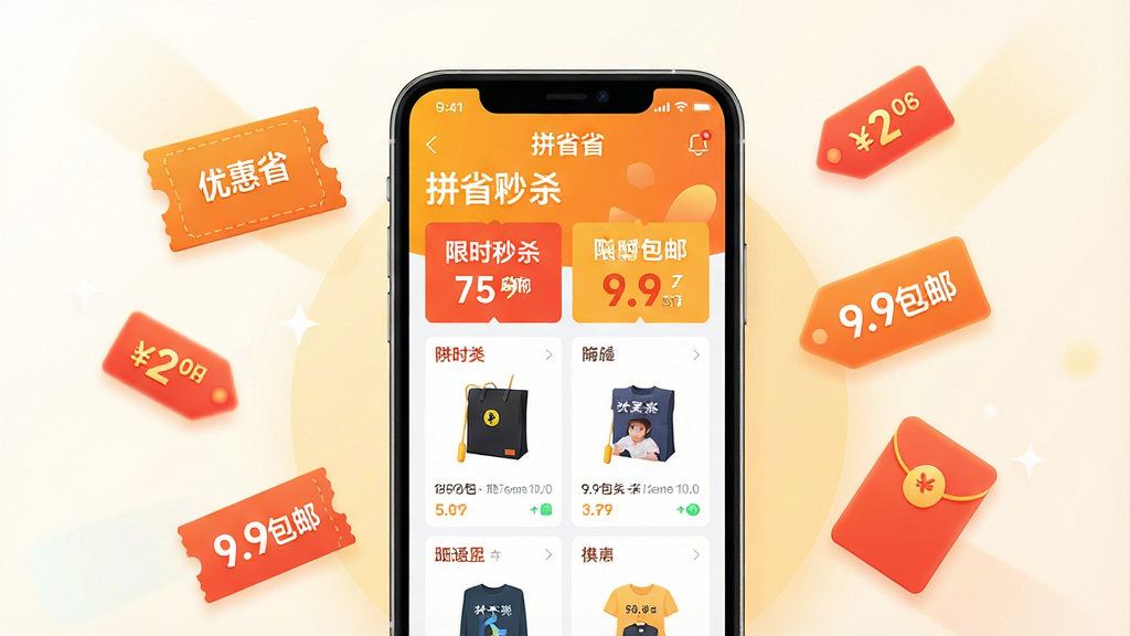 ���壺ƴʡʡ����APP����չʾ���ֻ���Ļ���С�ƴʡʡ��������͸�����ƷͼƬ�����֣��ֻ����У�������Ư�����Ż�ȯ���ۿ۱�ǩ�������Ԫ�أ��Ű棺�ֻ���Ļ���������������࣬��Ʒ�����������򣻷���ִ���ƽ����ƣ�ɫ���������ã��ԳȻ�ɫΪ��ɫ����ϸ�ڣ���Ļ����ʾ����ʱ��ɱ������9.9���ʡ�����������������͵Ĺ�ӰЧ�������ʣ�������Ⱦ���ɾ��޶���Ԫ�ء�