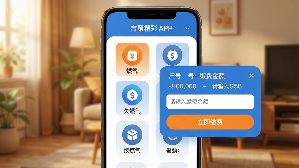 ���壺���۾���APP����ɷ�ҳ�棬չʾˮ��ȼ���Ƚɷ�ͼ������ѡ�е��ͼ�굯���ɷѽ�����봰�ڡ����֣��ֻ���Ļ��Ϊ���Ӿ����У�����Ϊůɫ���ľӼ�������黯���Ű棺�ɷ���Ŀ��������ͼ�����У�ÿ��ͼ���·����������ƣ����봰�ڲ���Բ�ǵ����������ů�׺͵�UI��ƣ���ɫΪ��ɫ�����Գ�ɫ������ť��ϸ�ڣ���ѵ�����ʾ������Ƿ�ѽ�������С�������ɷѽ���ʾ���֣��ײ��С������ɷѡ���ť�����ʣ�4K���壬ͼ��ϸ�壬�޶���Ԫ�ء�