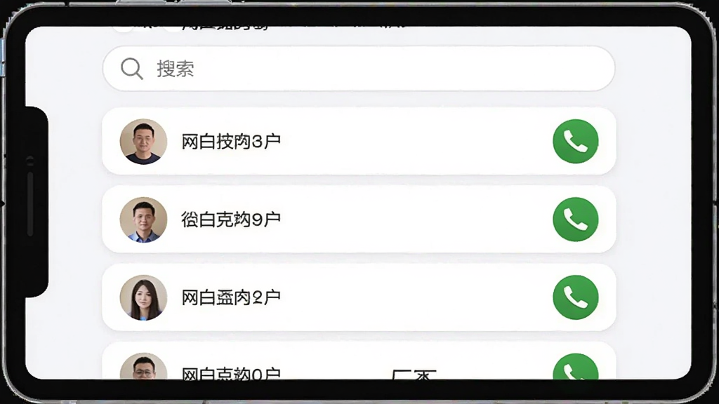 һ�Ż���ͨ����绰ͨѶ¼����Ľ�ͼ����Ļ����ʾ��ϵ���б���ÿ����Ŀ�Ҳ�����ɫ�绰ͼ�꣬�����������зŴ�ͼ�꣬������ÿ�Ƭʽ���֣�Բ����ƣ�����Ϊǳ��ɫ����������󷽣����ʸɾ����޶���Ԫ�ء�