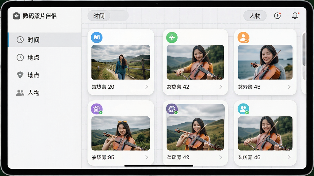 ���壺������Ƭ���µ����ܷ��๦�ܽ��棬��Ļ��ʾ����ʱ�䡱�����ص㡱��������ȱ�ǩ�Զ��������Ƭ�顣���֣������ർ�������Ҳ�չʾ��ͬ�����µ���Ƭ��Ƭ���Ű棺��Ƭʽ���֣�ÿ����Ƭ���Ͻ��з���ͼ�ꡣ�����ˬ��࣬ɫ�����졣ϸ�ڣ���Ƭ����ʾ��Ƭ���������������ͼ�������е���ɫ���񡣻��ʣ����壬�ɾ��޶���Ԫ�ء�